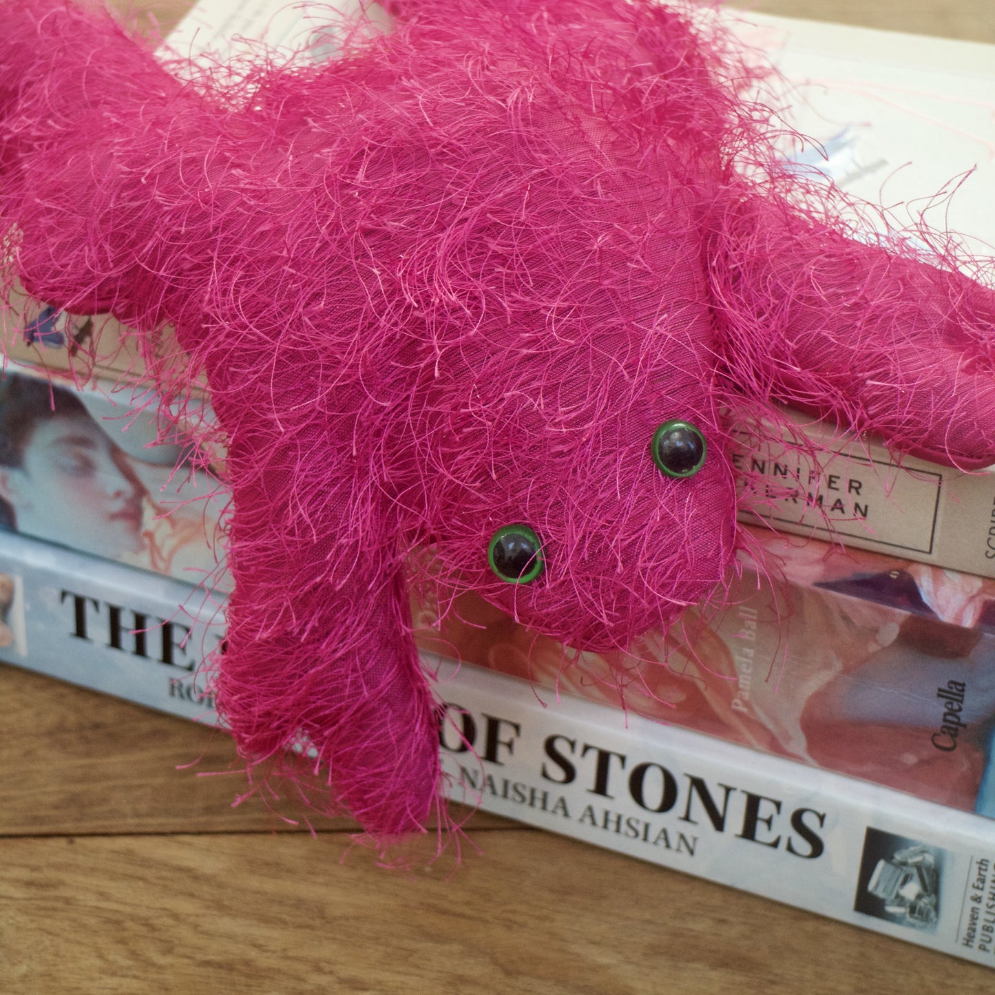 pink fluffy stuffed frog lying on a stack of books